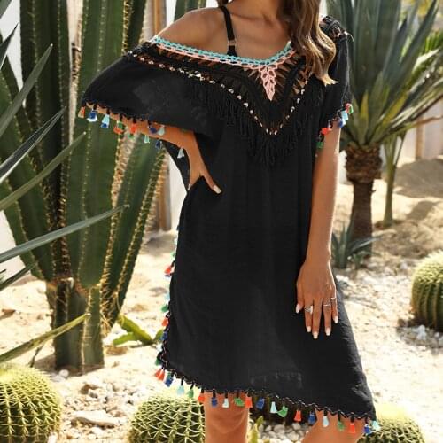 Womens dress pullover irregular hand hook stitching color tassel sexy back V-neck beach sunscreen blouse