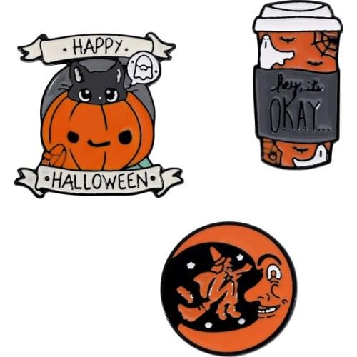 Happy Halloween Enamel Pin Custom Coffee Moon Ghost Pumpkin Umbrella Brooches Backpack Clothes Lapel Pin Cute Badge Jewelry Gift