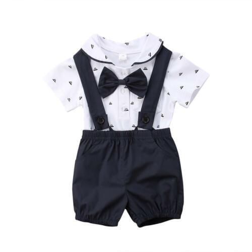 2PCS Newborn Infant Baby Boy Bow Tie Bib Outfits Clothes Set Romper Bodysuit+Gentleman Pants
