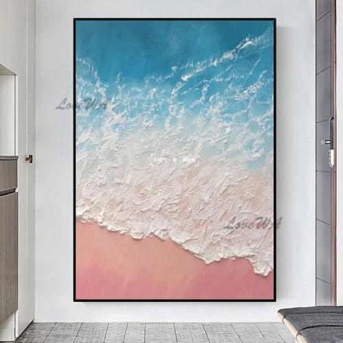 Abstract Sea Landscape Painting Of Blue Water And White Spray On Pink Beach Modern Wall Picture For Living Room Unframed Artwork