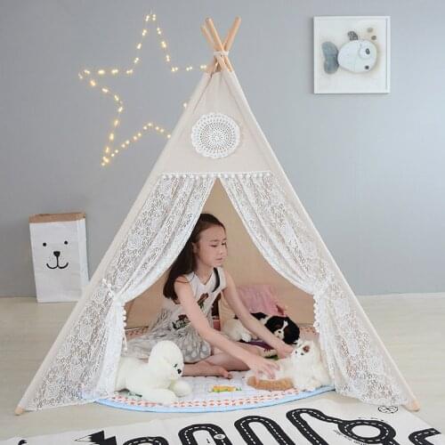 Children Tent Four Poles Cotton Lace Tipi Tent For Girl Play Tent For Kid Wigwam Teepee Baby Cabin Princess Castle Birthday Gift