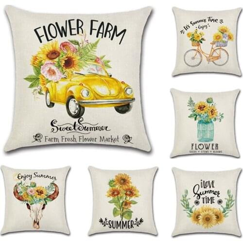 Sunflower Bicycle Truck Print Cotton Linen Thorw Pillowcase 2020 Summer Farm Theme Cushion Cover Home Chair Sofa Car Decorative