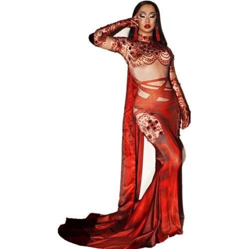 Red Vintage Rhinestones Tailing Floor-length Mermaid Long Dresses Women Singer Models Catwalk Stage Outfit Prom Celebrate Wear
