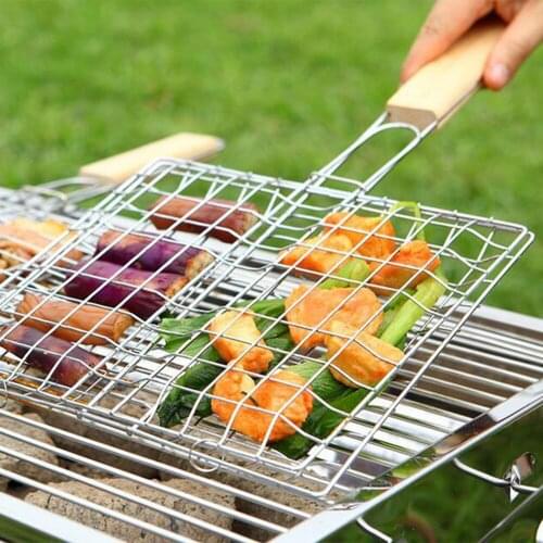 Stainless Steel Outdoor Grill Wooden Handle Square Grill Net Grilled Fish Sandwich / Barbecue Grill Tool 230gE