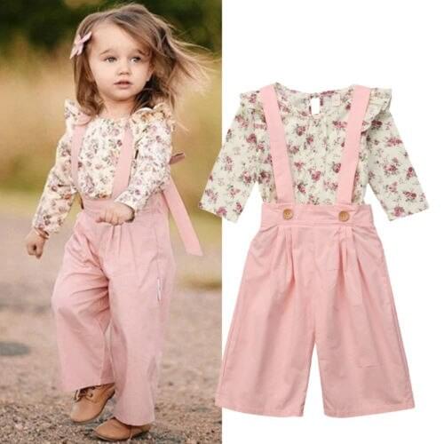 2020 Brand New Fashion Toddler Kids Baby Girls Outfits Floral Flying Sleeve Tops Bib Strap Overalls Loose Pants 2Pcs Sets 9M-5Y