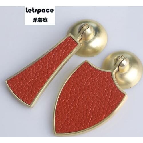 10pcs Free Shipping Modern simple red leather Pull Hardware Furniture Handle Antique Brass Fashion Wardrobe TV cabinet Knob 70mm