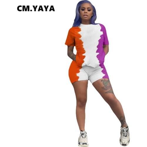 CM.YAYA Women Set Print Short Sleeve O-neck Tops Elastic Shorts Two Piece Set Casual Tracksuit Fashion Outfit Summer Sportswear