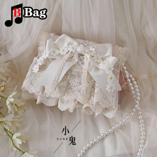 Women sweet lolita bag Bow Lace messenger bag gentle girl Pearl chain shoulder bag female handbag JK Inclined shoulder bag