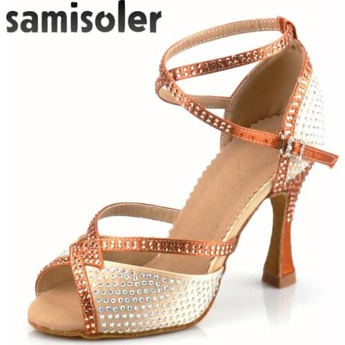 Samisolerlatin dance shoes woman zapatos de baile latino mujer shining Black satin Women Salsa party Ballroom shoes