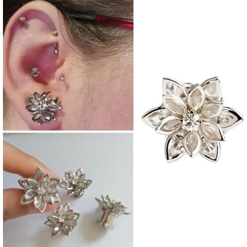 1Pair Screw 3D Crystal Flower Stainless Steel Ear Reamer Earring Tunnels Plugs and Gauges Flesh Piercing Expander 6-16mm