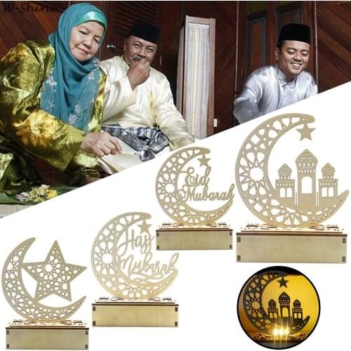 Ramadan Eid Mubarak Decorations for Home Moon LED Candles Light Wooden Plaque Hanging Pendant Islam Muslim Event Party Supplies