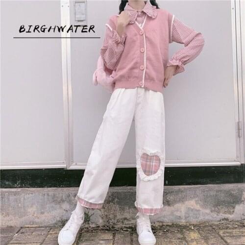 Japanese Kawaii Pink Corduroy Pants Women Soft Girl Plaid Wide Leg White Trousers For Female Love Heart Patchwork Cute