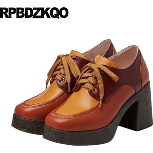 Casual Oxford Square Toe Orange Shoes Women 11 43 2021 Chic Platform Multi Colored 10 42 Pumps Big Size Block Lace Up High Heels