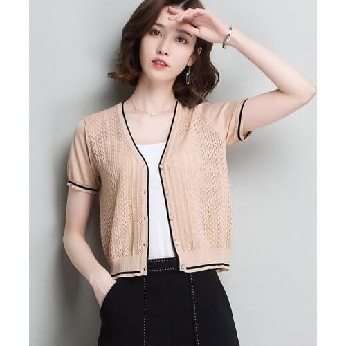 New summer 2018 womens fashion hollow thin knitwear coat elegant ladies v-neck line cotton knit cardigan outwear short sleeve