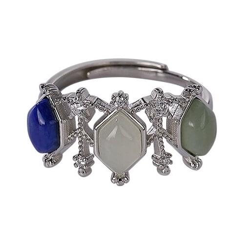 925 sterling silver Hetian Jade Gray Jade lapis lazuli ring personality fashion geometry pattern Womens Open ring
