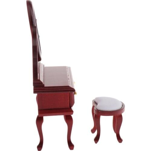 1/12 Dollhouse Vintage Wooden Dressing Table with Mirror Stool Furniture
