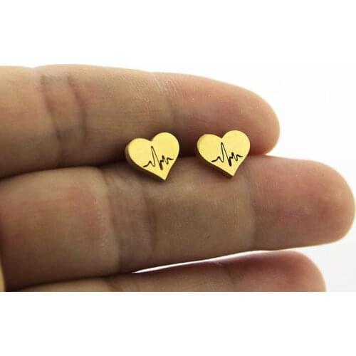 1Pair Tiny Heart ECG Earrings Stainless Steel Earring Gold Color Heart Beat Ear Studs Jewelry For Women Kids Girls