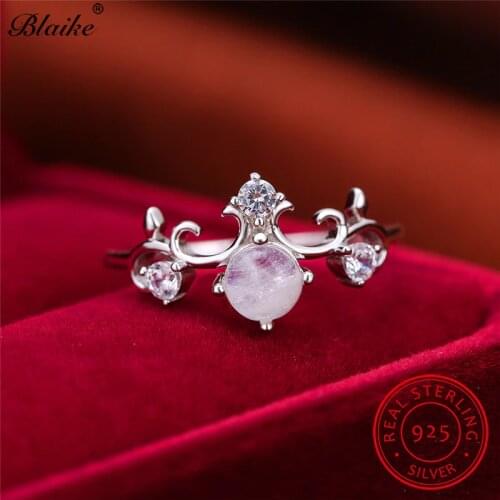 Luxury Female Queen Crown Ring Round Moonstone Rings For Women 925 Sterling Silver Wedding Bands Zircon Engagement Ring Jewelry