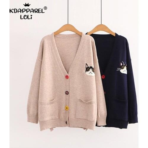 Korean Long Sleeve Cardigan Cute Girls Sweet Women Sweater V Neck Embroidered Kitten Preppy Knitted Top Loose Spring Autumn Coat