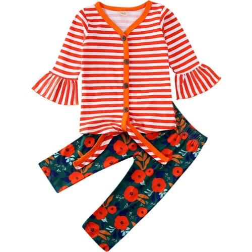 Toddler Girl Clothes Kids Baby Girl Clothes Striped Flare Long Sleeve Tops T-shirt+ Flower Leggings Pants 2pcs Outfit