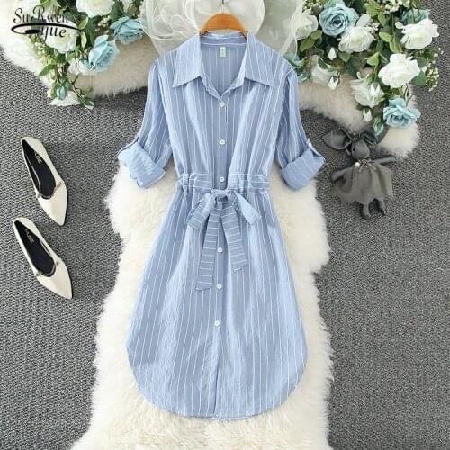 Single Breasted Dresses Polo Collar Women Long Shirt Dress Autumn New Korean Fashion Striped Shirt Dress Women Vestidos 16697