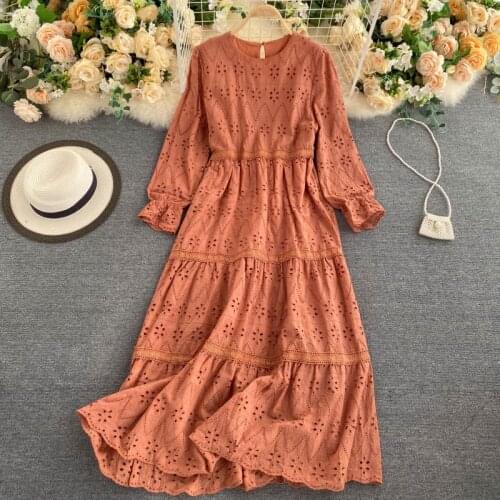 SINGRAIN Women Chic Hollow Dress Autumn Korean Simple Solid Long Sleeve A-line Dress Casual Loose Streetwear Midi Long Dresses