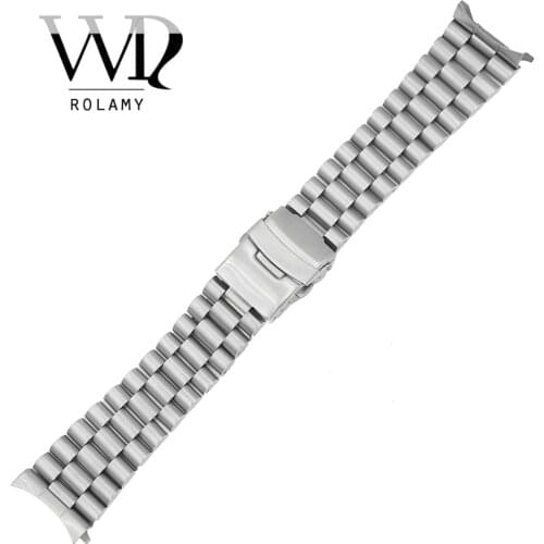 Rolamy 20 22mm Silver 316L Hollow Curved End Solid Links Replacement Watch Band Strap Bracelet Double Push Clasp For Seiko