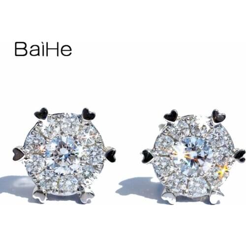 BAIHE Solid 14K White Gold 0.26ct H/SI Round Diamonds Cережки Wedding Trendy Fine Jewelry Round Stud Earrings Women Cерьги