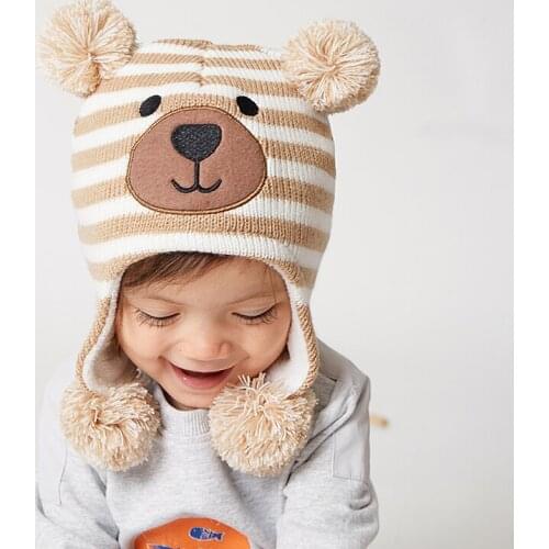 Boy Hat Winter Earflap Beanie Kids Knit Fleece Lining Pompom Bear Dobby Warm Autumn Skiing Outdoor Accessory For Baby Toddlers