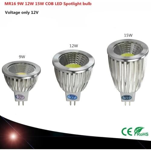 Ultra Bright dimmable 9w 12W 15W 12V MR16 LED Bulbs Spotlight COB MR16 led Lamp CE/RoHS Warm White/Pure Wh/Cool White