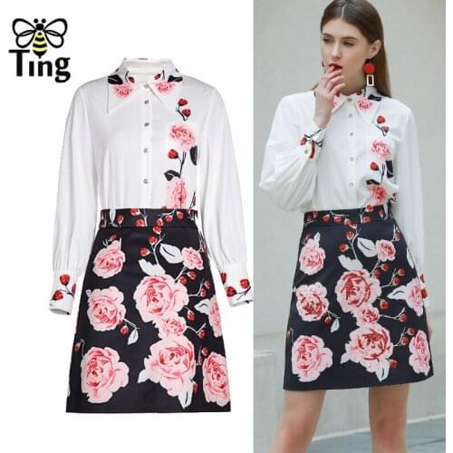 Tingfly Summer Women Rose Flower Print Button Up White Blouses & Mini A Line Skirts Fashion 2 Pcs Sets Dress Sets Outfits Zaful