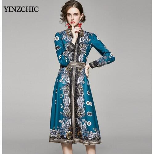 Vintage Print Woman Mid Dress Spring New Female Slim A-line Skirt Turn-down Collar Blouse Skirt for Woman Full Sleeve Dresses