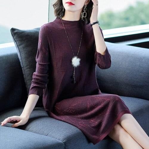 O-neck Long Sleeve Knit Dress Women 2020 New Vintage Sweater Loose Temperament Knitted Dress Midi Elegant Long Pullover Y061