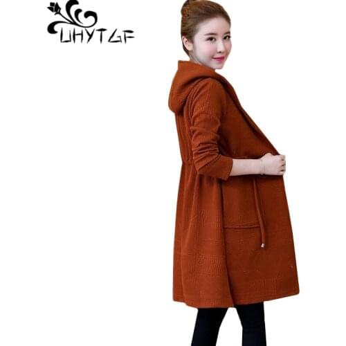 UHYTGF Knit spring autumn sweater coat women fashion hooded loose plus size jacket belt Cardigan Casual female sweater coats 793