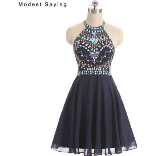 High Quality Luxury Navy Blue A-Line Beaded Short Homecoming Dresses 2017 with Rhinestone Girls Mini 8th grade Graduation Gowns
