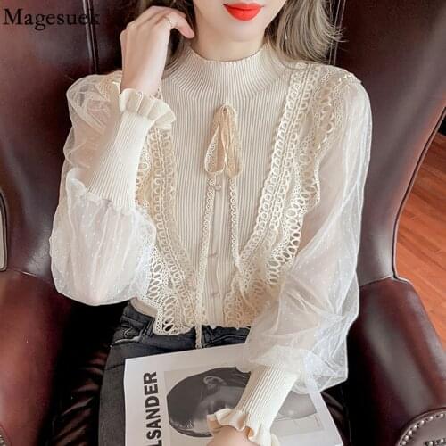 2021 Spring Stand Collar Bow Tie Womens Blouse Korean Ruffle Stitched Chiffon Sleeve Bottomed Sweater Hollow Shirt Blusas 16847