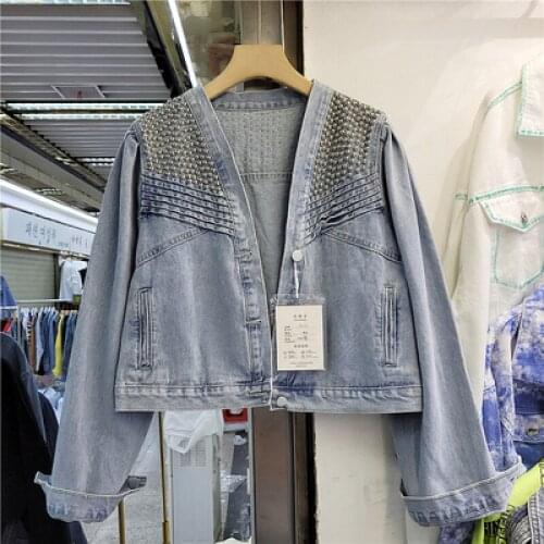 Short Rivet Vintage Long Sleeve Denim Jacket Woman 2021 Spring Autumn New Korean Fashion Loose All-Match Jeans Coat Female Tops