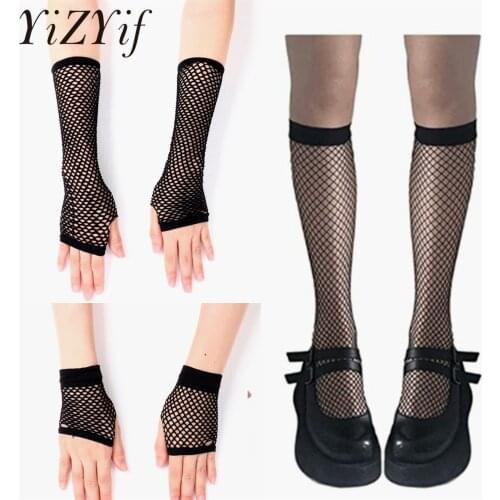 Women Sexy Fishnet Stockings Punk Style Fishnet Short&Long Fingerless Gloves Knee Length Socks Set for Halloween Cosplay Costume