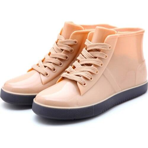 Comemore Fashion Women Boots Lace-Up Plastic Rain Boots Solid Flats Casual Ankle Boots Jelly Waterproof Womens Shoes Non-slip