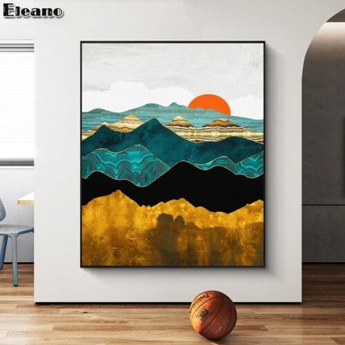 Gold and red mountain sun Canvas Painting landscape abstract art poster Gold foil canvas print Wall art home decor picture