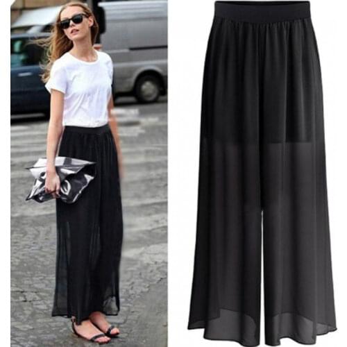 2021 Summer New Black Chiffon Wide Leg Pants Fashion Loose High Waist Drape Elegant Ankle-length Plus Size Trousers Women Y966