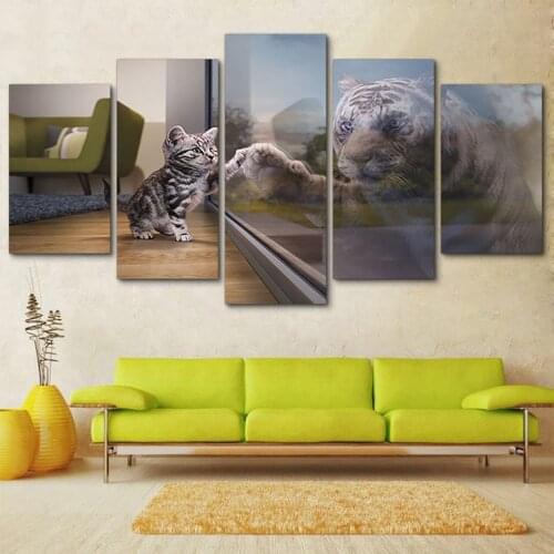 No Frame Art Canvas Wall HD Modular 5 Pcs Mirror Little Cats & Tiger Modern Animal Pictures Living Room Home Decoration Printing