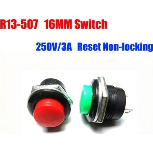 50pcs/lot R13-507 Push Button Switches 250V/3A Round Button 16mm Reset Non-locking Switch