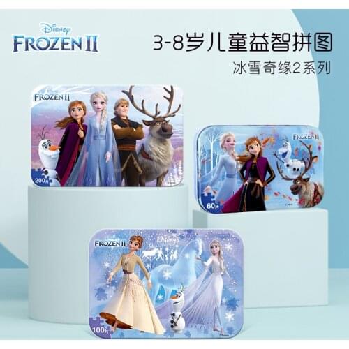 Genuine Disney 60/100/200 Pieces of Iron Box Wooden Jigsaw Frozen Princess Elsa Learning Growth Educational Toys Childrens Gift