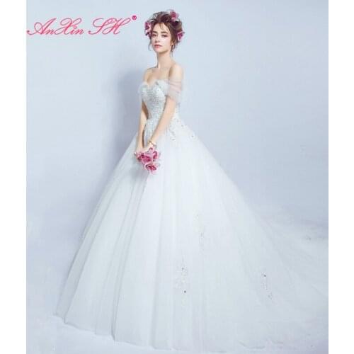 AXJFU Sexy transparent shoulder lace diamond wedding dress vintage Princess illusion boat neck tail flower wedding dress 591