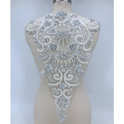 Handmade white Hot drilling Rhinestone pearl lace embroidery patch applique wedding dress bordados DIY Performance clothing