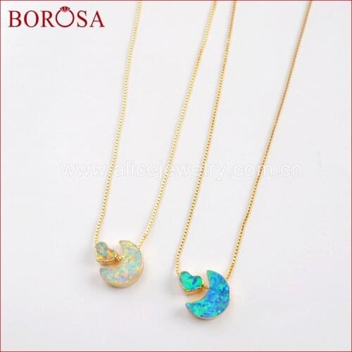 BOROSA 5PCS 2019 NEW Crescent & Heart Beads Gold Color Man-made Opal White/Blue Japanese Opal Pendants Necklace Jewelry G1572