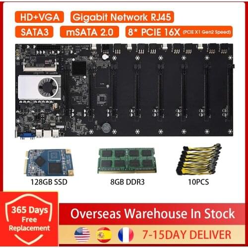 BTC-T37 Riserless Mining Motherboard 8 CPU Bitcoin Crypto Etherum Mining Set 8GB DDR3 1600MHz RAM 1037U 128GB SATA SSD Cable