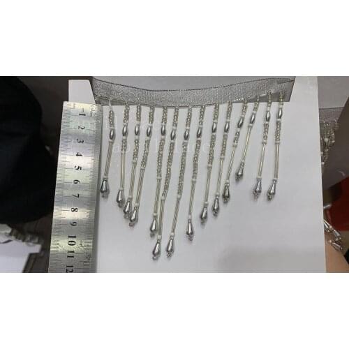 Cou002# 10 yards/bag 7-10 cm width silver pendents beads ribbon fringe tassel for garment/decorative/wedding bridal gown dress