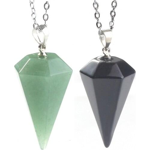 Kraft-beads Popular Silver Plated Small Hexagon Pyramid Pendant Black Agates Necklace Link Chain Opal Jewelry